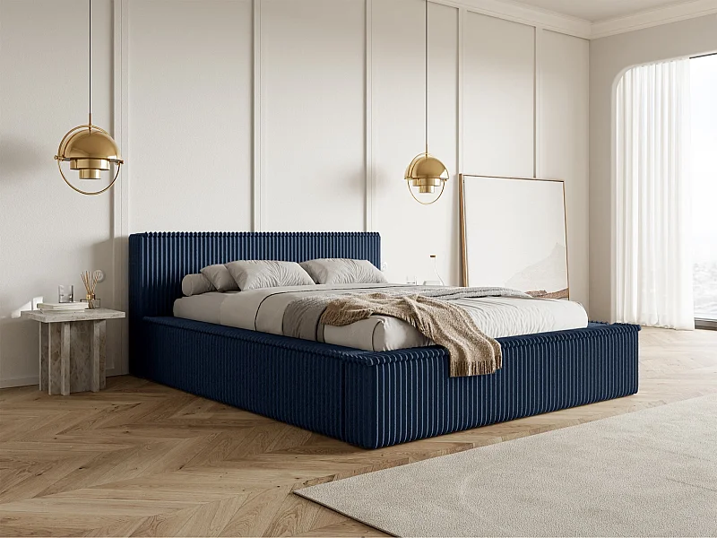 Lit coffre avec tête de lit - 140x200 cm - en velours côtelé marine - AFFOLIO