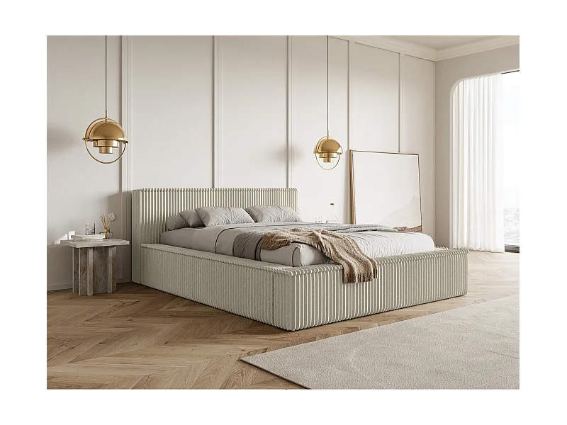 Polsterbett mit Breitcord-Bezug und Stauraum - Hellbeige - 140x200 cm - AFFOLIO