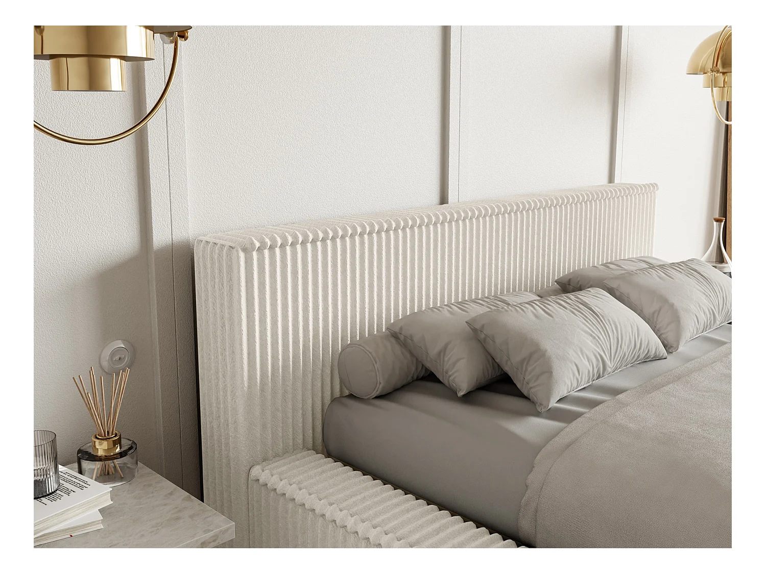 Opbergbed met hoofdeinde - 140x200 cm - in crème corduroy - AFFOLIO