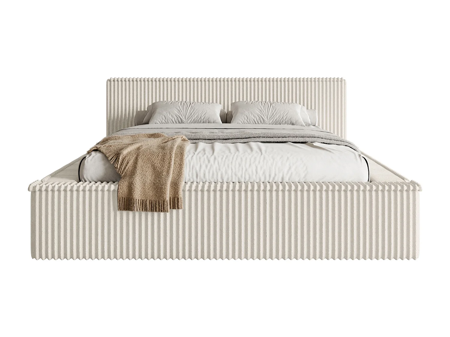 Lit coffre avec tête de lit - 140x200 cm - en velours côtelé crème - AFFOLIO