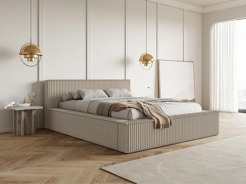 Lit coffre avec tête de lit - 140x200 cm - en velours côtelé beige foncé - AFFOLIO