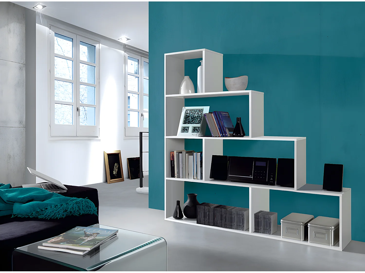 Bibliothèque avec 4 étagères couleur Blanc Brillant en mélamine - Longueur 145 x Hauteur 145 x Profondeur 29 cm