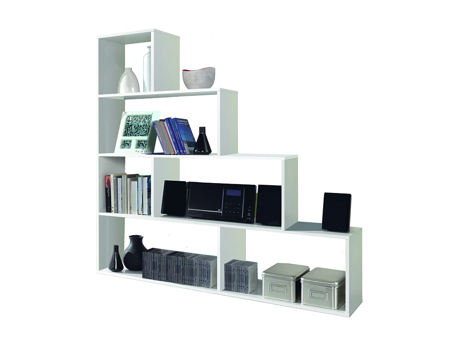 Bibliothèque avec 4 étagères couleur Blanc Brillant en mélamine - Longueur 145 x Hauteur 145 x Profondeur 29 cm