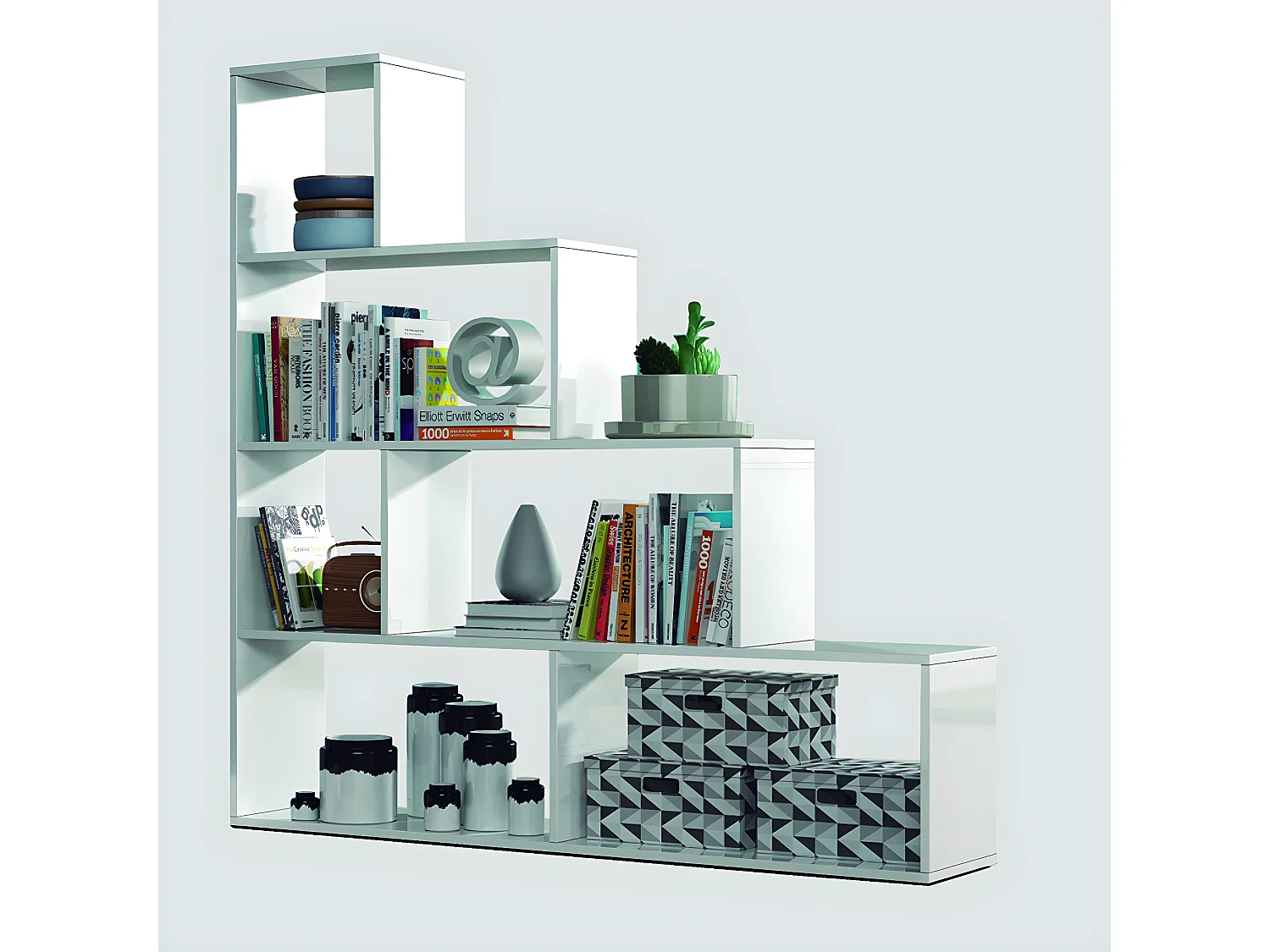 Bibliothèque avec 4 étagères couleur Blanc Brillant en mélamine - Longueur 145 x Hauteur 145 x Profondeur 29 cm