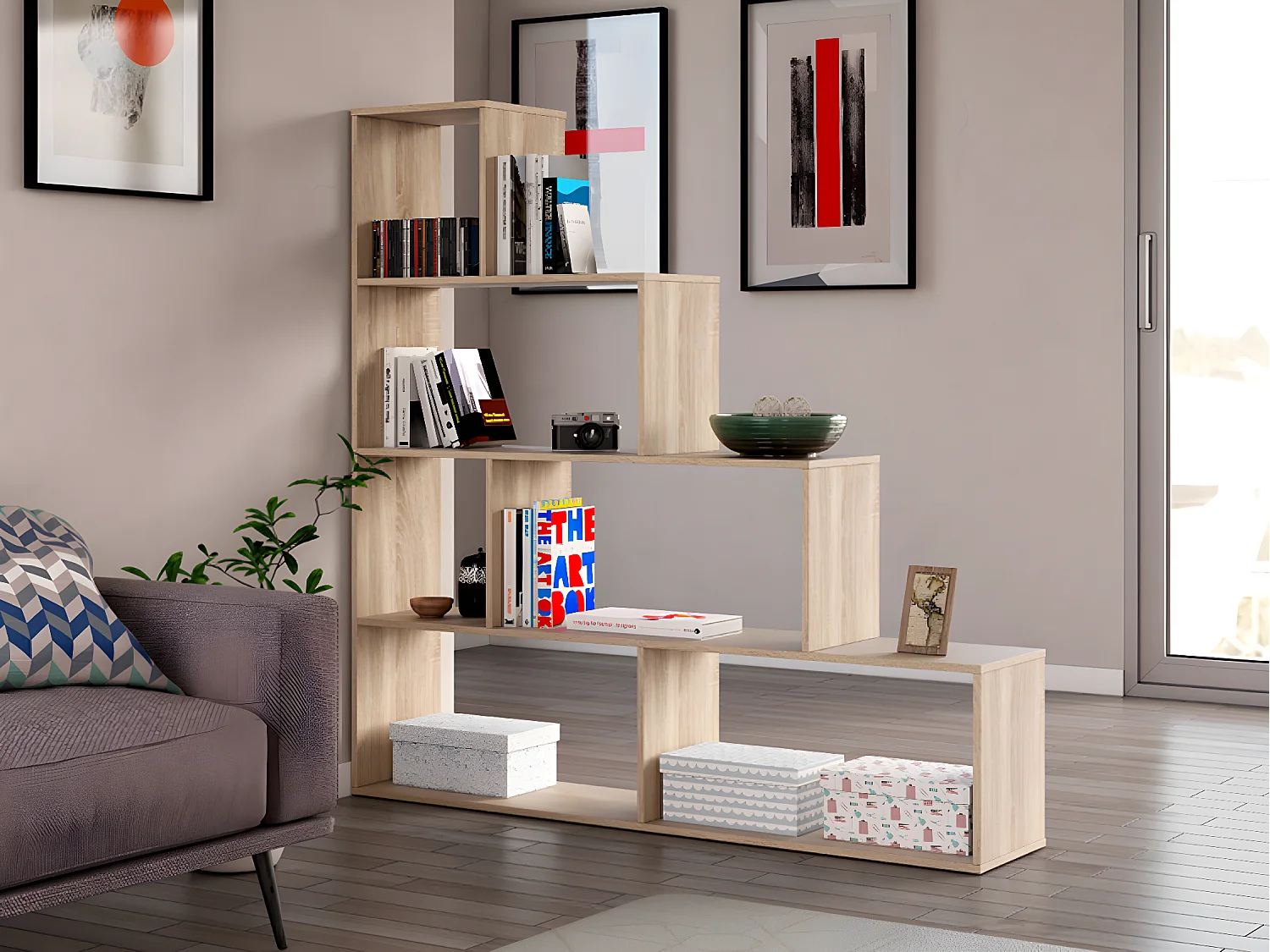 Bibliothèque avec 4 étagères couleur Chêne Canadien en mélamine - Longueur 145 x Hauteur 145 x Profondeur 29 cm