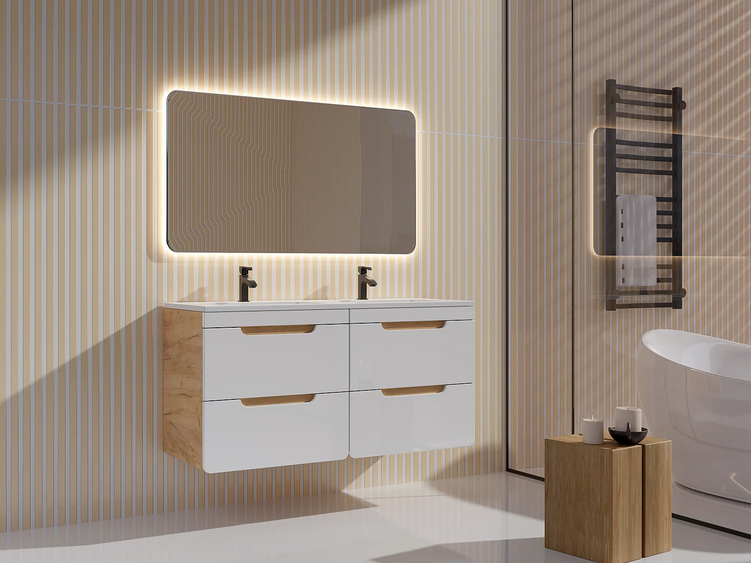 Meuble sous vasque suspendu coloris naturel et blanc - 120 cm - ARUBA