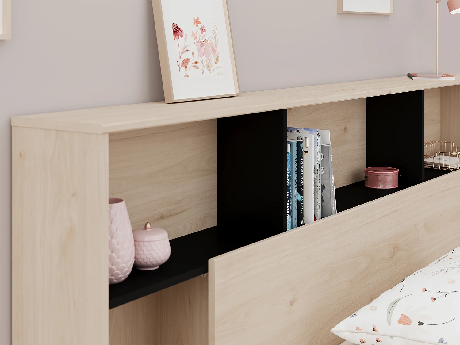 Testata con scomparti 140 cm Naturale e Nero - KINSELIA