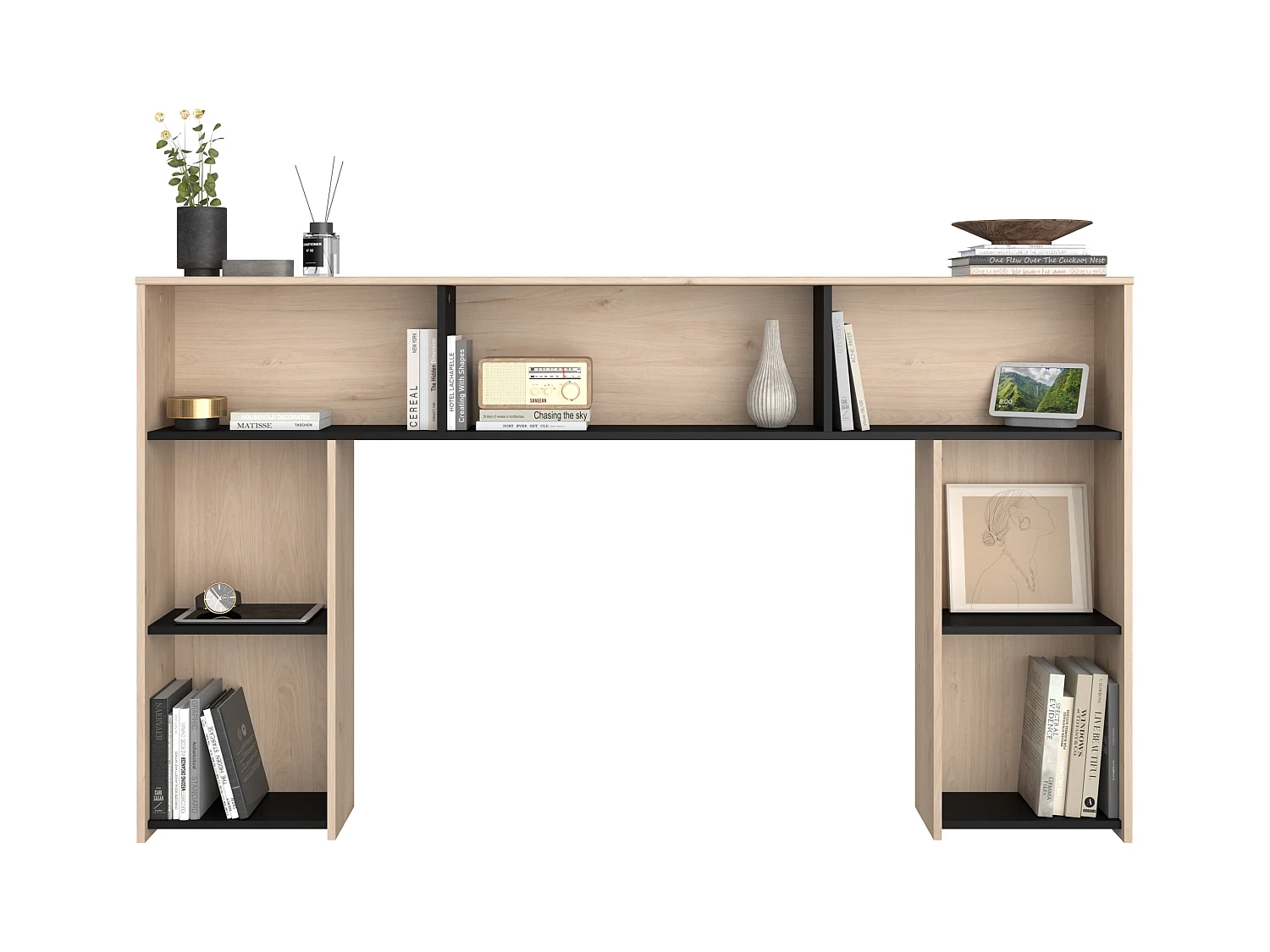 Tête de lit avec rangements 140 cm - Coloris : Naturel et noir - KINSELIA
