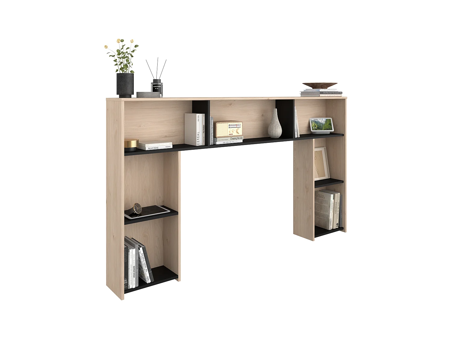 Tête de lit avec rangements 140 cm - Coloris : Naturel et noir - KINSELIA