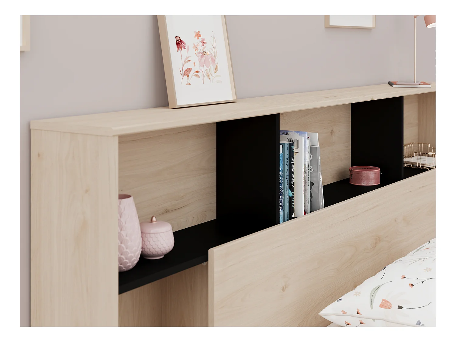 Tête de lit avec rangements 140 cm - Coloris : Naturel et noir - KINSELIA