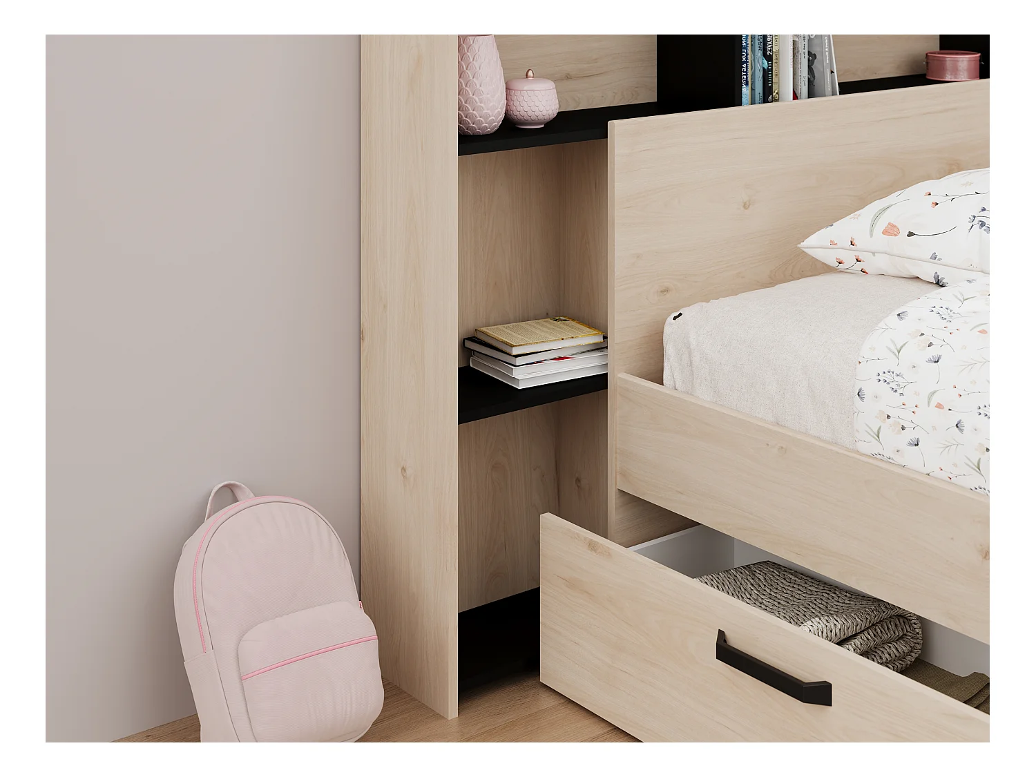 Tête de lit avec rangements 140 cm - Coloris : Naturel et noir - KINSELIA