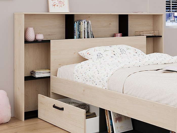 Tête de lit avec rangements 140 cm - Coloris : Naturel et noir - KINSELIA