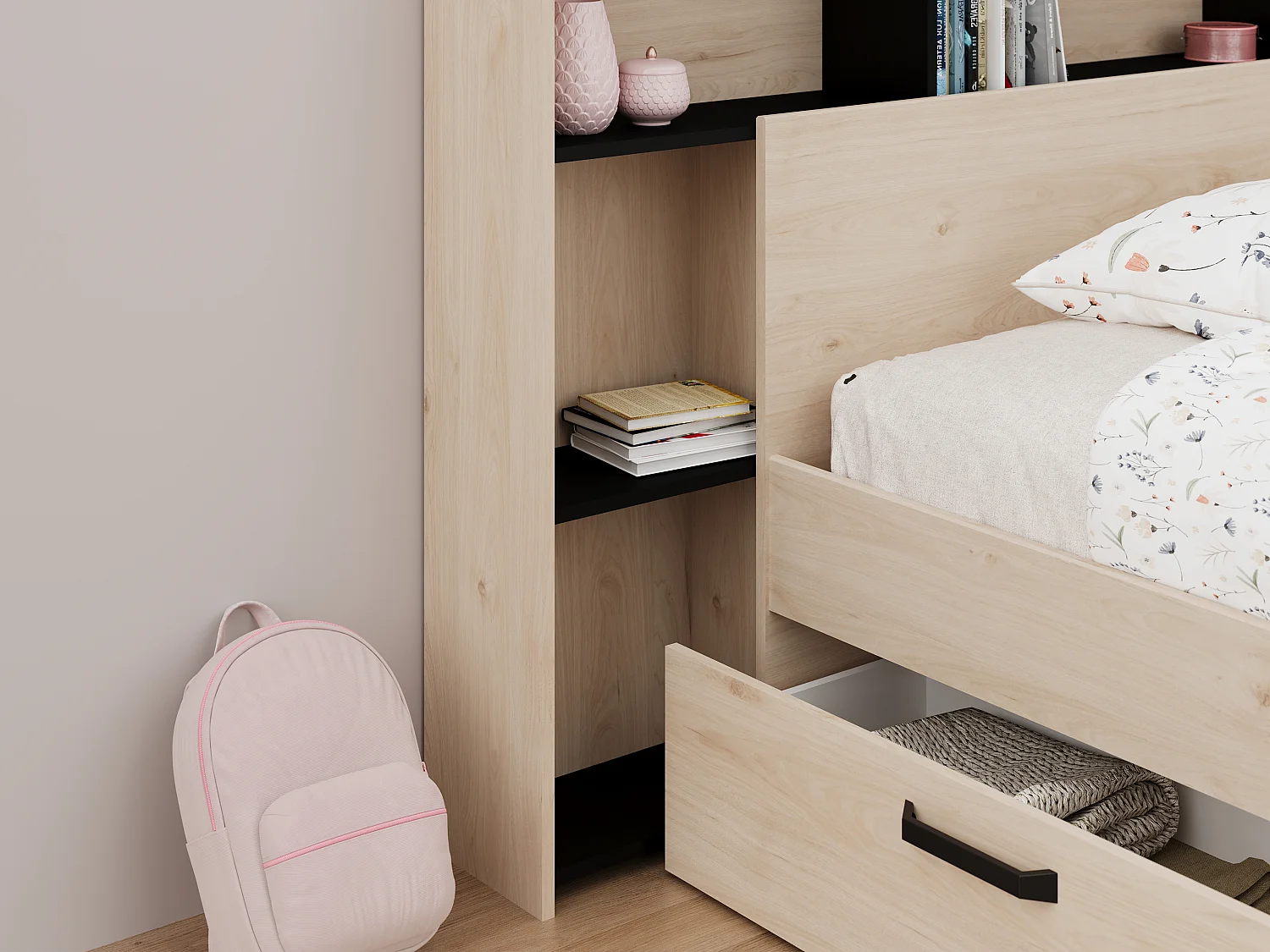 Tête de lit avec rangements 140 cm - Coloris : Naturel et noir - KINSELIA