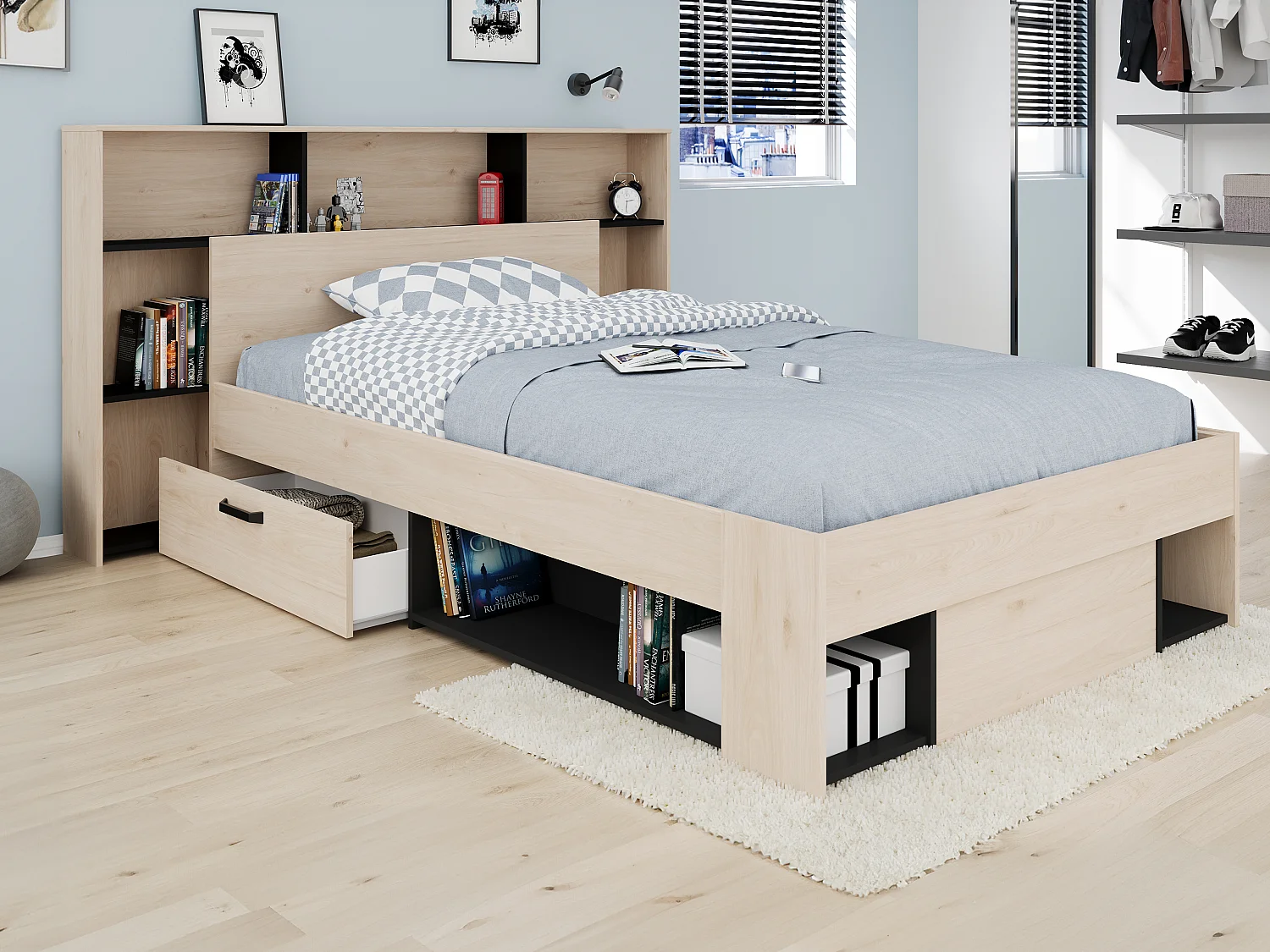 Tête de lit avec rangements 140 cm - Coloris : Naturel et noir - KINSELIA