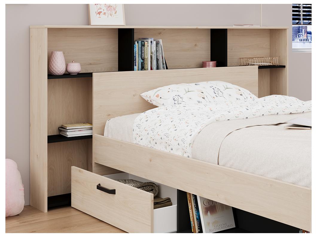Tête de lit avec rangements 140 cm - Coloris : Naturel et noir - KINSELIA