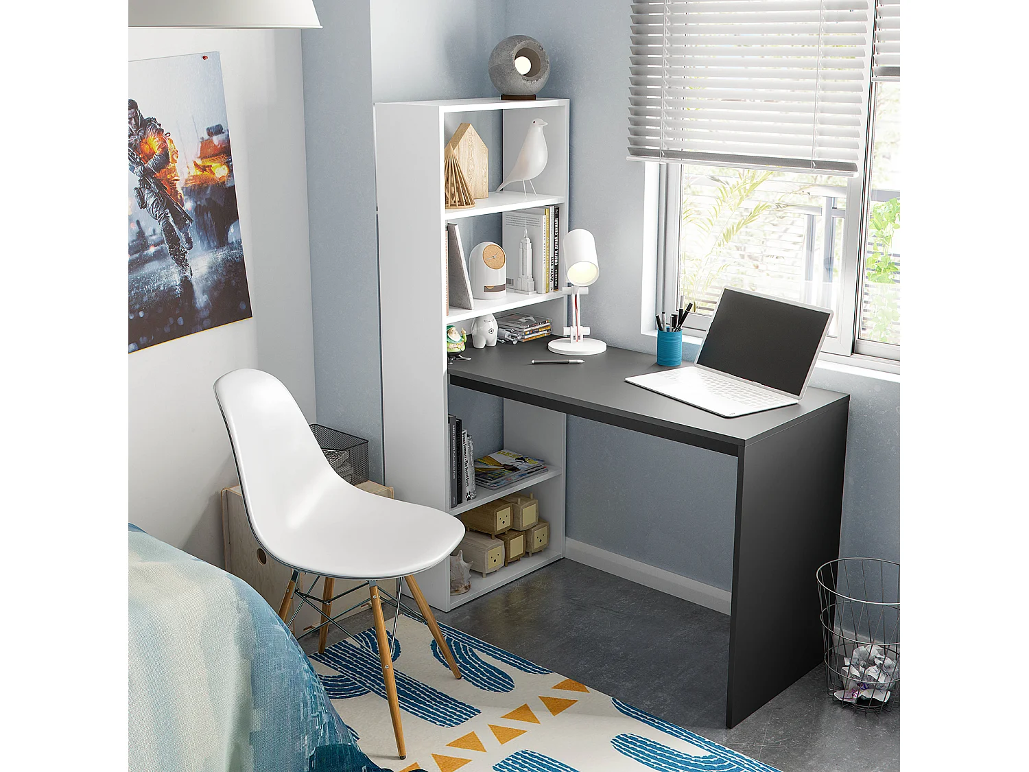 Bureau réversible en mélaminé couleur blanc artic gris anthracite - Longueur 120 x Hauteur 144 x Profondeur 53 cm