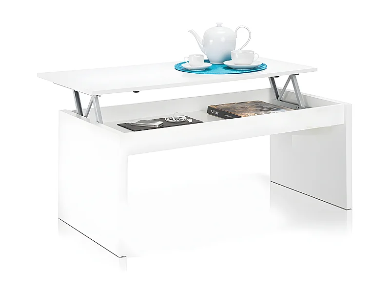 Table Basse finition Blanc brillant Avec Plateau Relevable - Longueur 102 x Hauteur 43/54 x Profondeur 50 cm