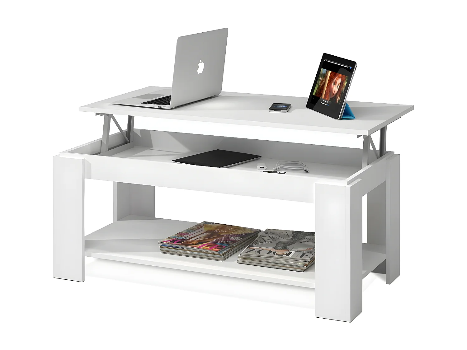 Table Basse relevable couleur blanc artic -Longueur 102 x Hauteur 43/54 x Profondeur 50 cm