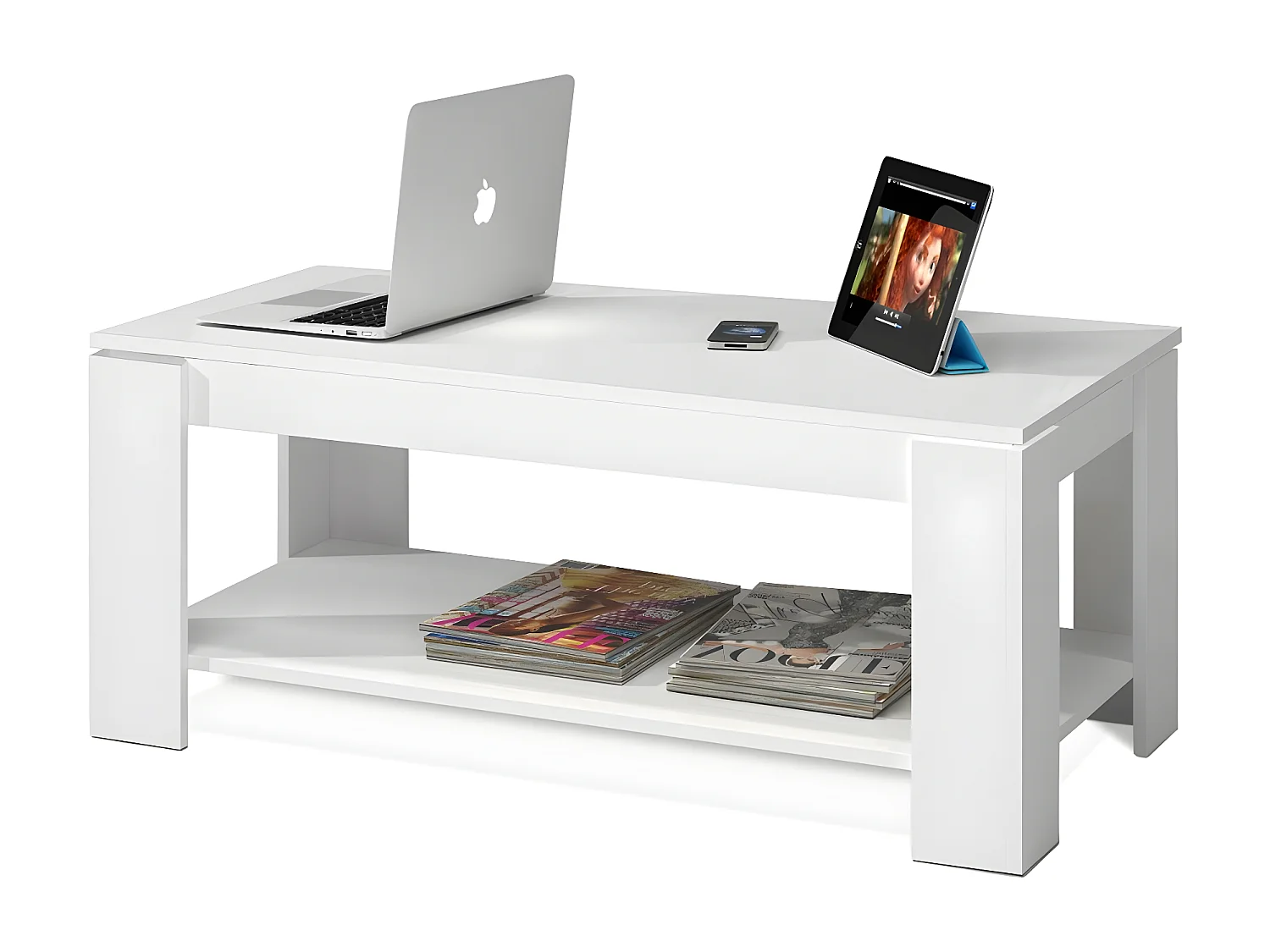 Table Basse relevable couleur blanc artic -Longueur 102 x Hauteur 43/54 x Profondeur 50 cm