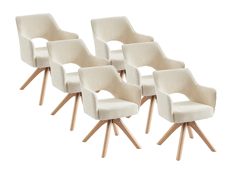 Lot de 6 chaises pivotantes avec accoudoirs en tissu et chêne - Crème - KONYA