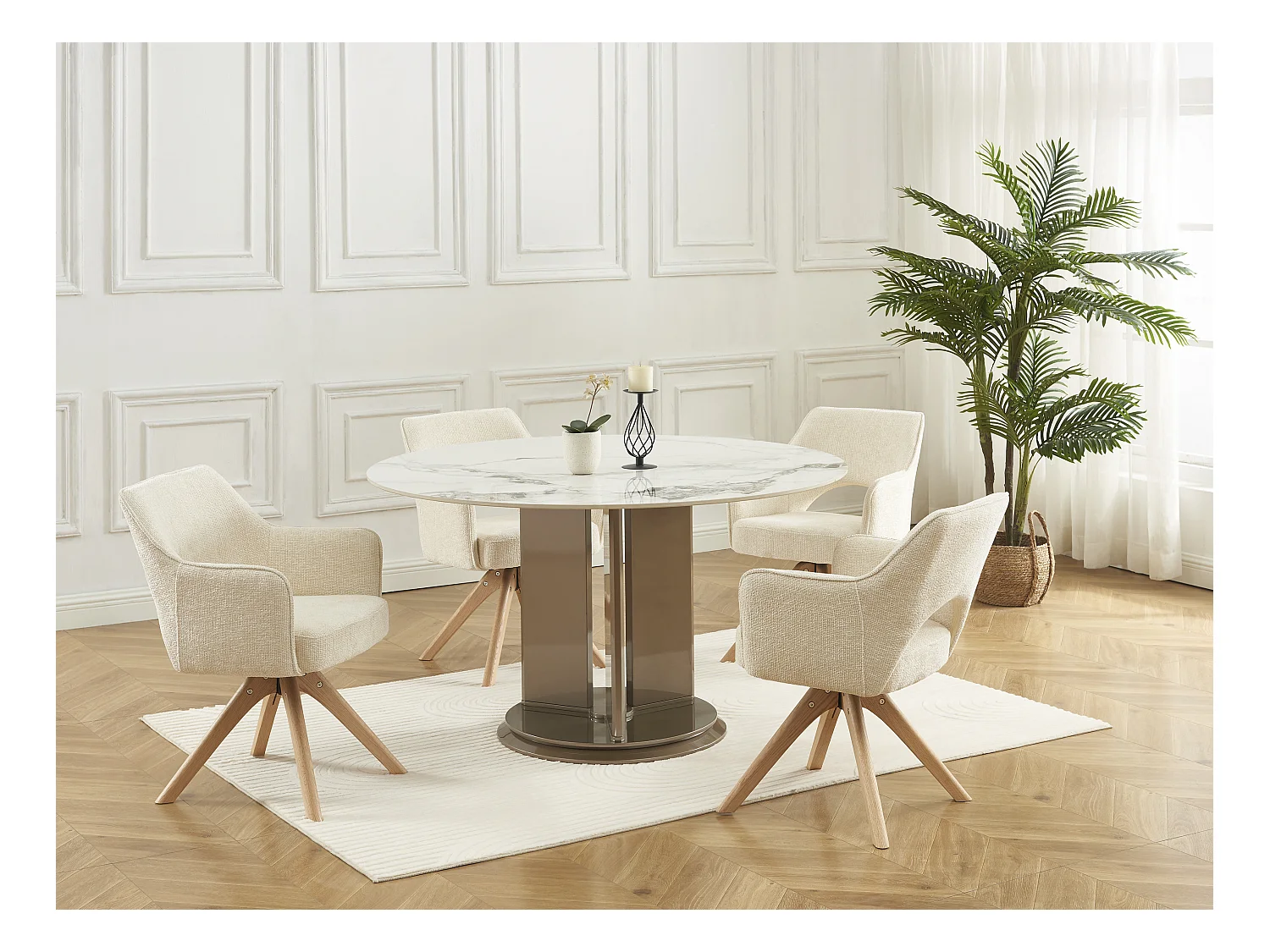 Lot de 6 chaises pivotantes avec accoudoirs en tissu et chêne - Crème - KONYA