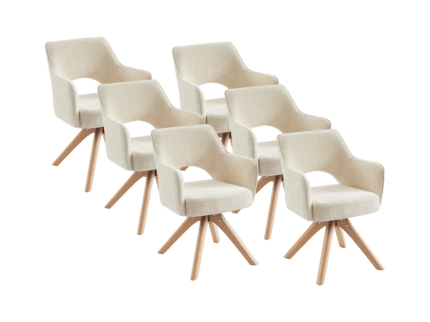 Conjunto de 6 sillas giratorias con reposabrazos de tela y roble - Crema - KONYA