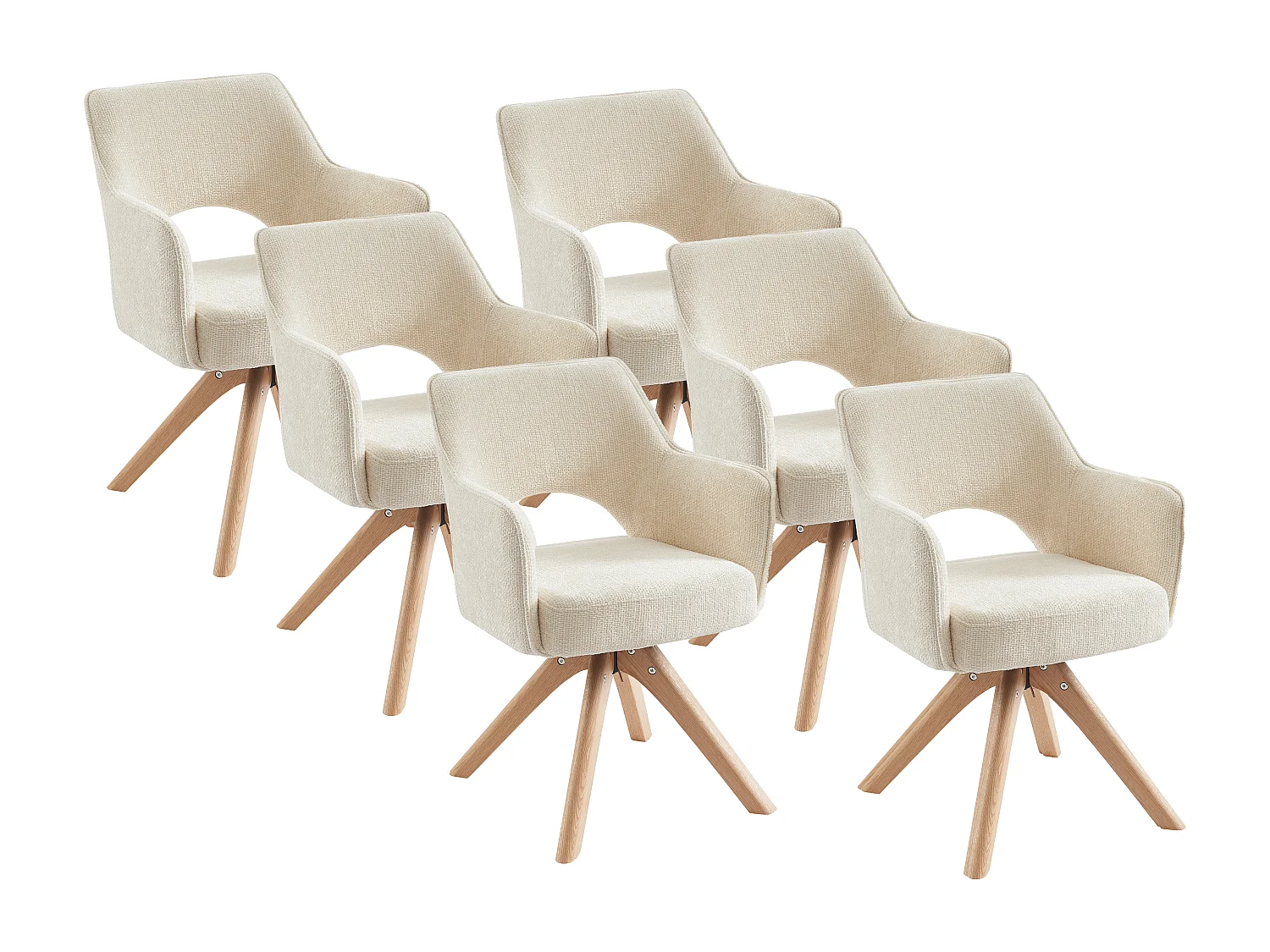 Lot de 6 chaises pivotantes avec accoudoirs en tissu et chêne - Crème - KONYA