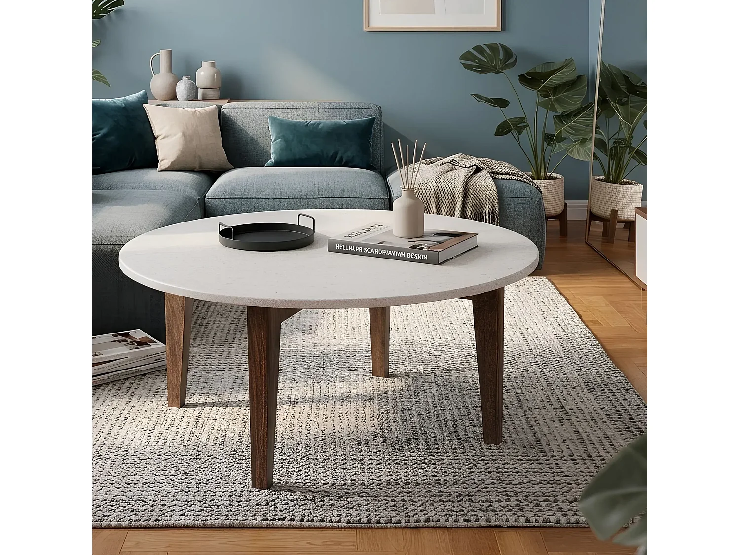 Table basse ronde vintage en manguier et marbre blanc L75 - BLANY