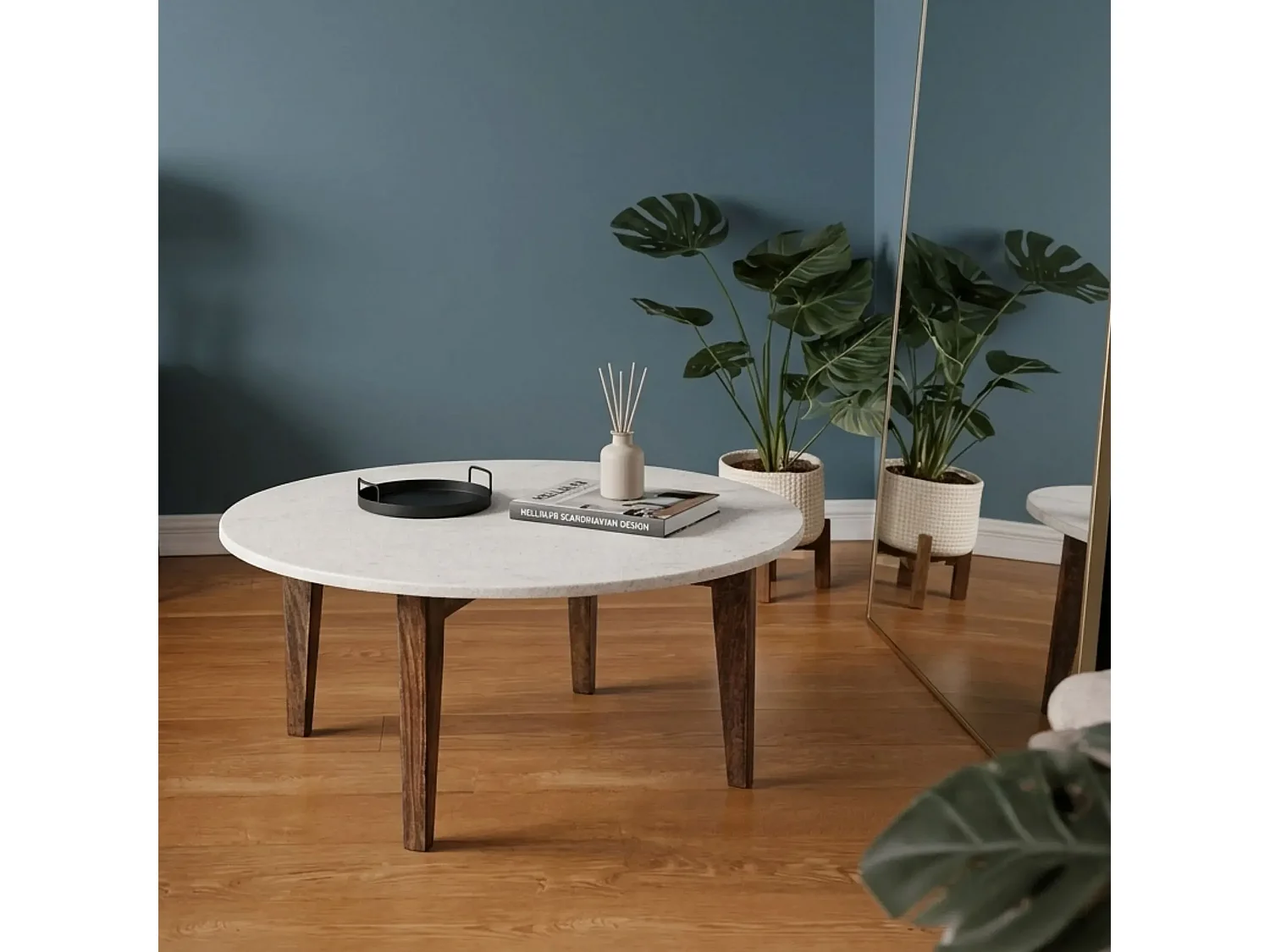 Table basse ronde vintage en manguier et marbre blanc L75 - BLANY