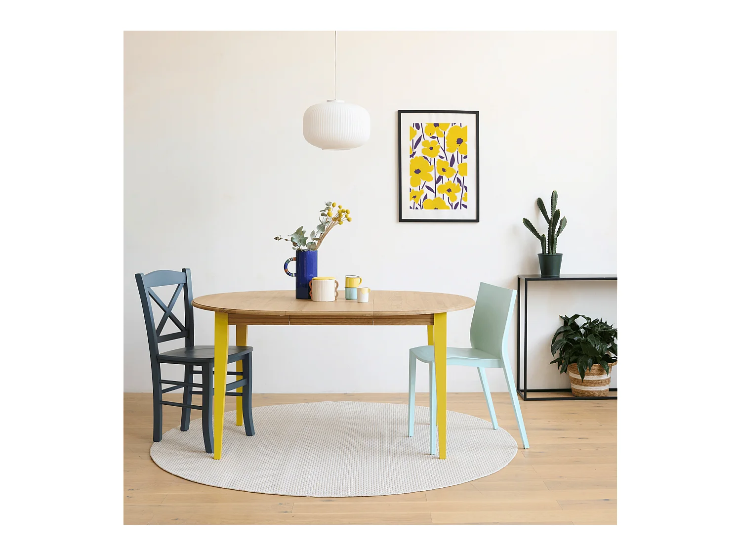 Table ronde extensible en bois 4/6 places D105 pieds colorés - VICTORIA