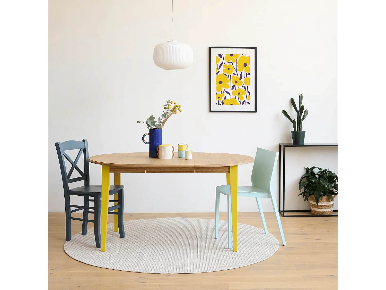 Table ronde extensible en bois 4/6 places D105 pieds colorés - VICTORIA