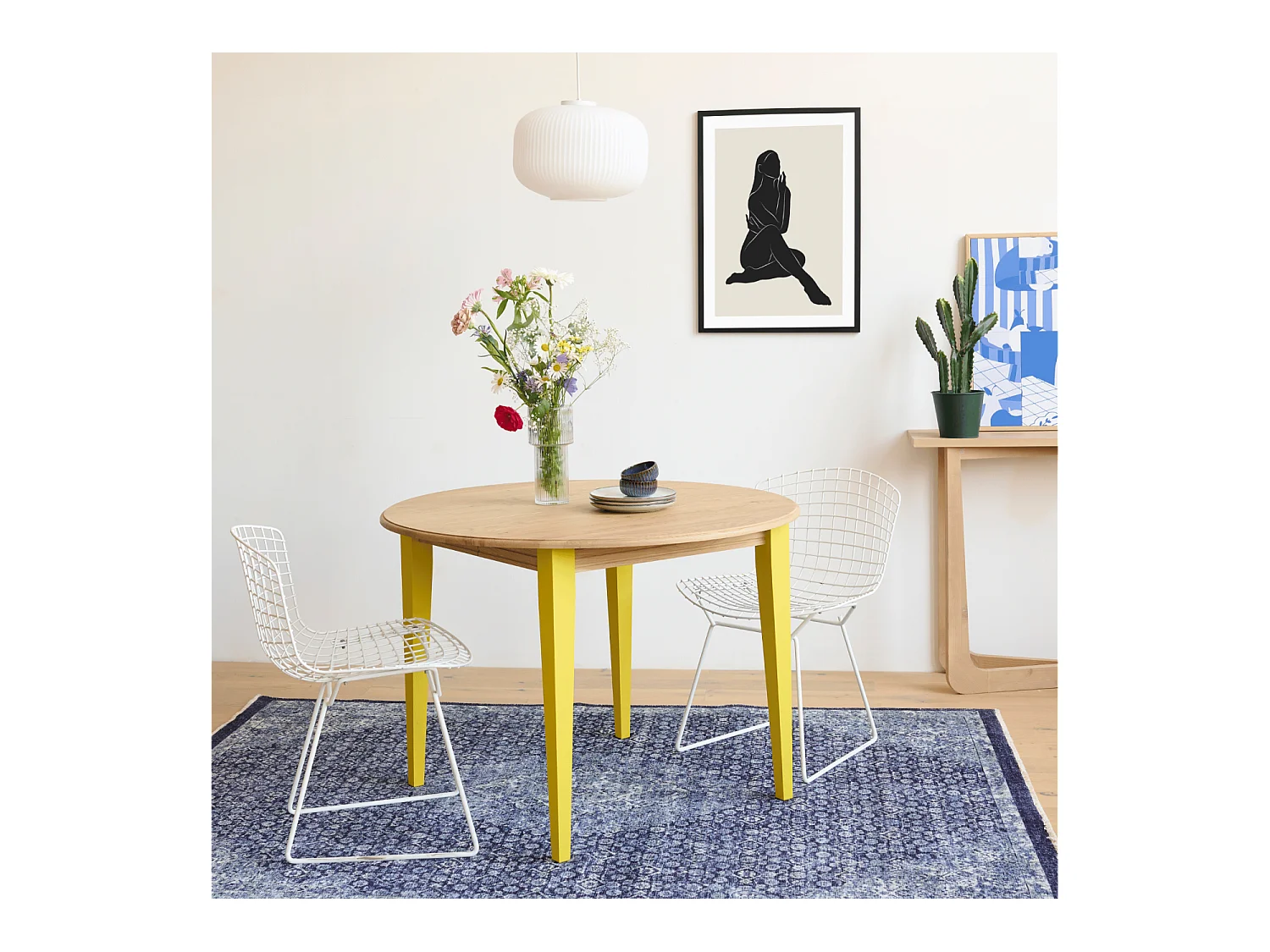 Table ronde extensible en bois 4/6 places D115 pieds colorés - VICTORIA