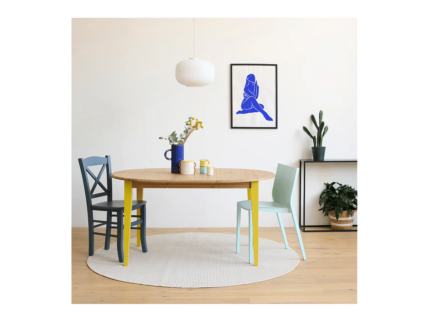 Table ronde extensible en bois 4/6 places D115 pieds colorés - VICTORIA