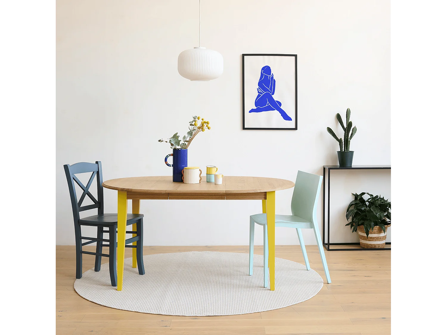 Table ronde extensible en bois 4/6 places D115 pieds colorés - VICTORIA