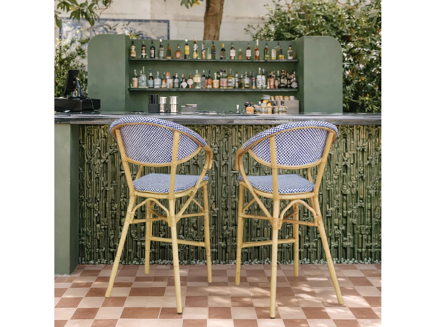 Now's Home - Lot De 2 Fauteuils De Bar Exterieur En Textilene Bleu Aspect Rotin Amalfi