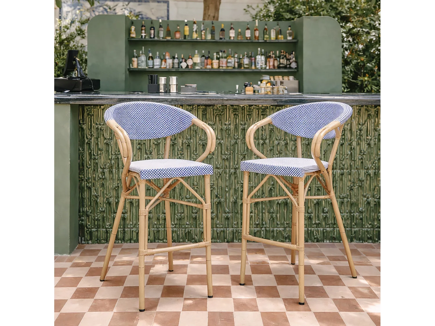 Now's Home - Lot De 2 Fauteuils De Bar Exterieur En Textilène Bleu Aspect Rotin Amalfi