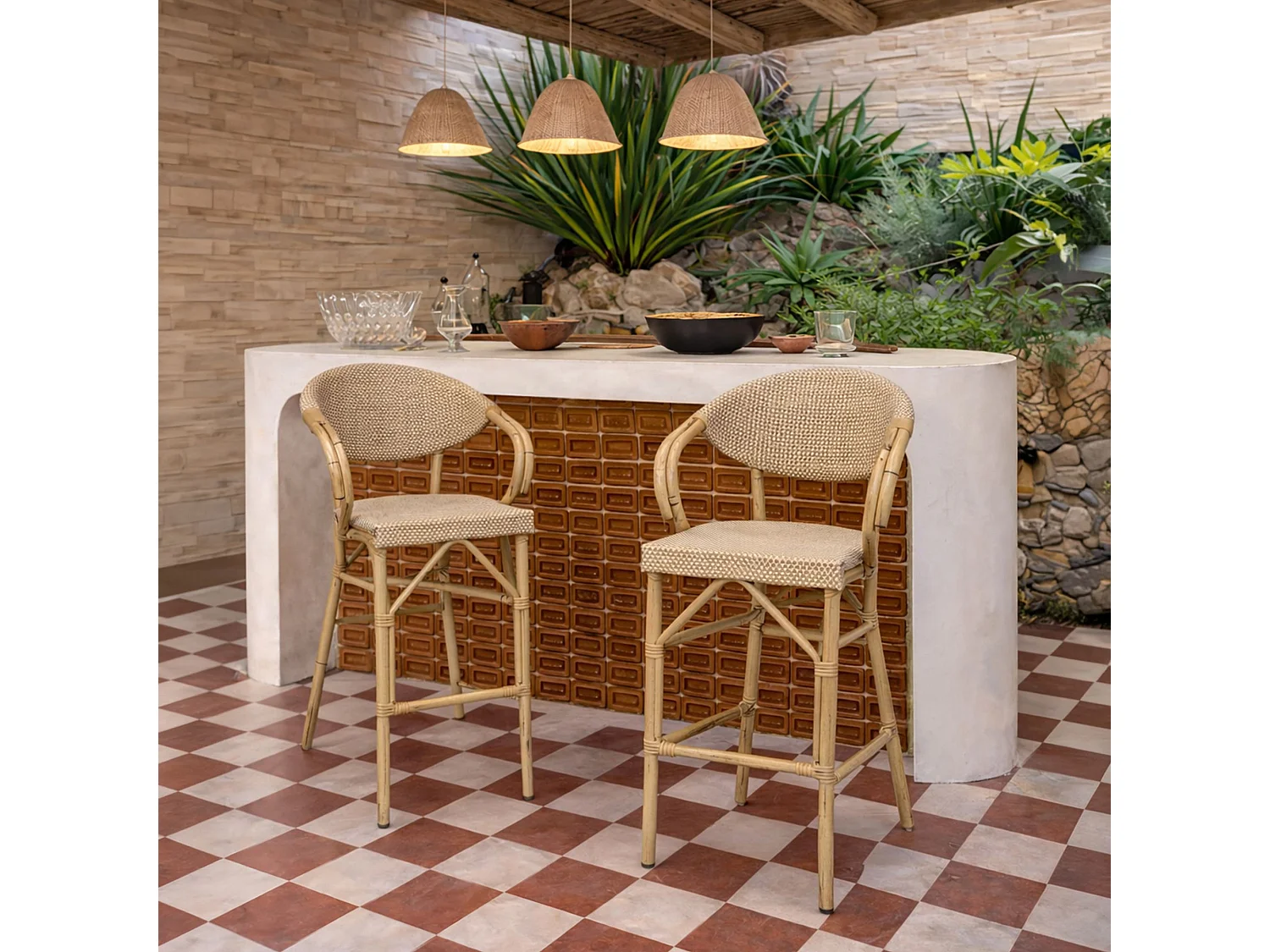 Now's Home - Lot De 2 Fauteuils De Bar Exterieur En Textilene Beige Aspect Rotin Amalfi