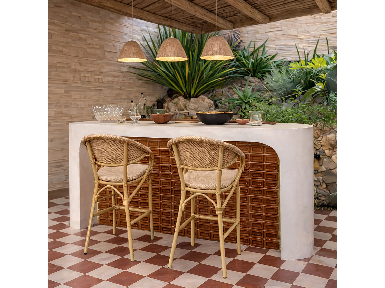 Now's Home - Lot De 2 Fauteuils De Bar Exterieur En Textilene Beige Aspect Rotin Amalfi