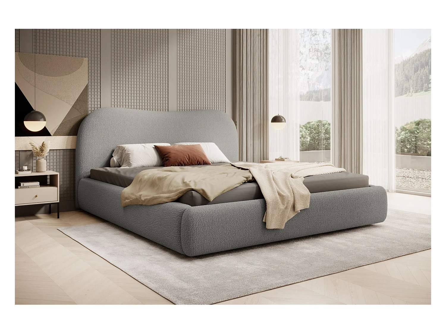 Lit coffre avec tête de lit - 160x200 cm - en bouclette gris foncé - SIMSALO