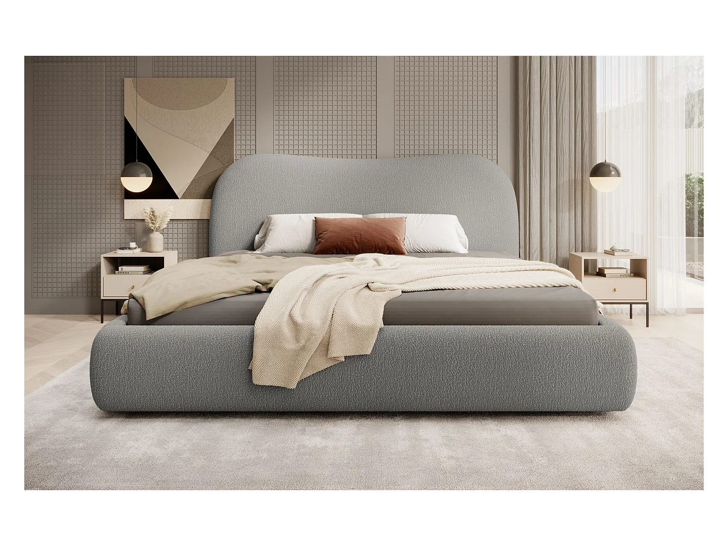 Lit coffre avec tête de lit - 140x200 cm - en bouclette gris foncé - SIMSALO