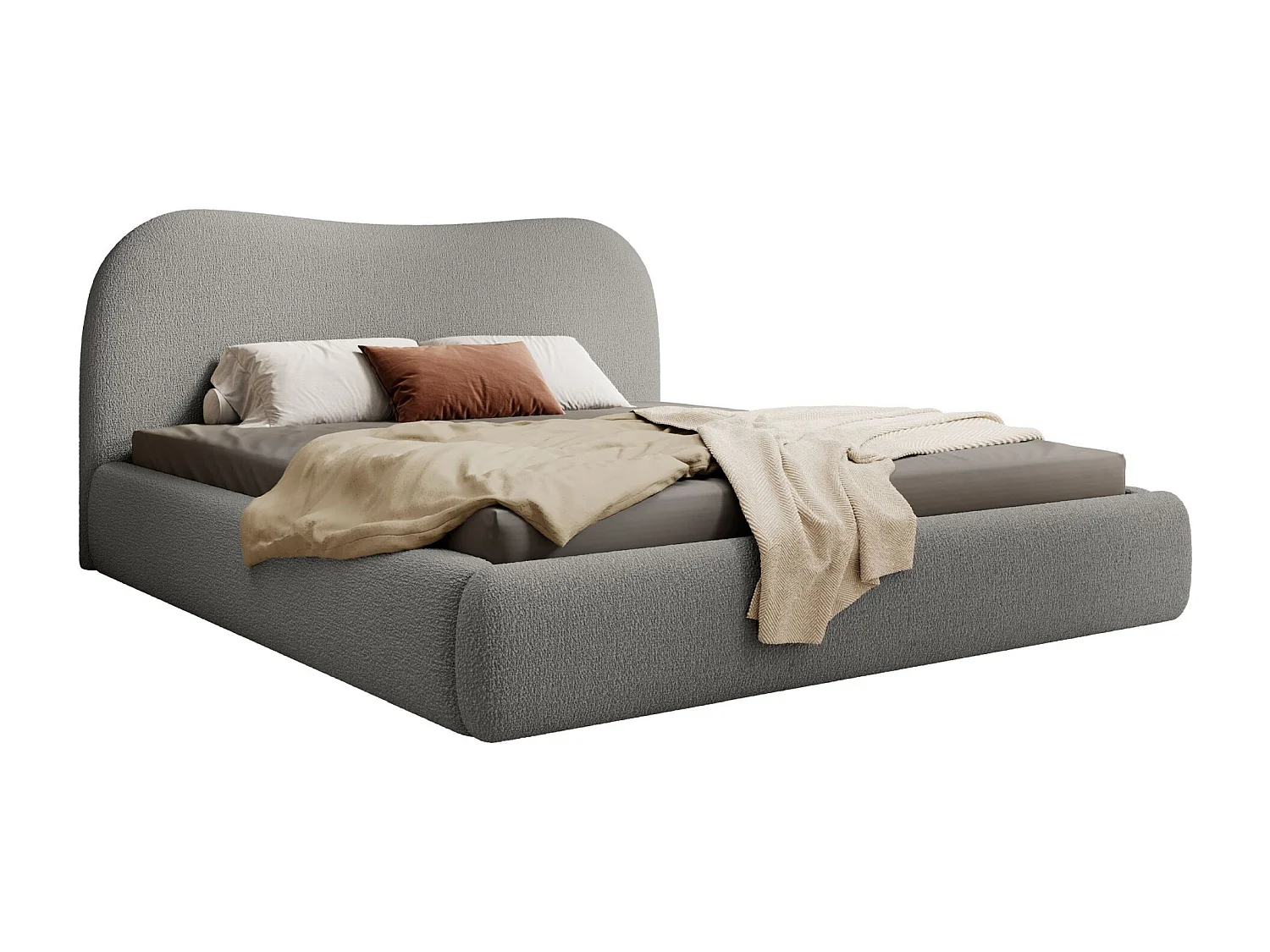 Lit coffre avec tête de lit - 140x200 cm - en bouclette gris foncé - SIMSALO