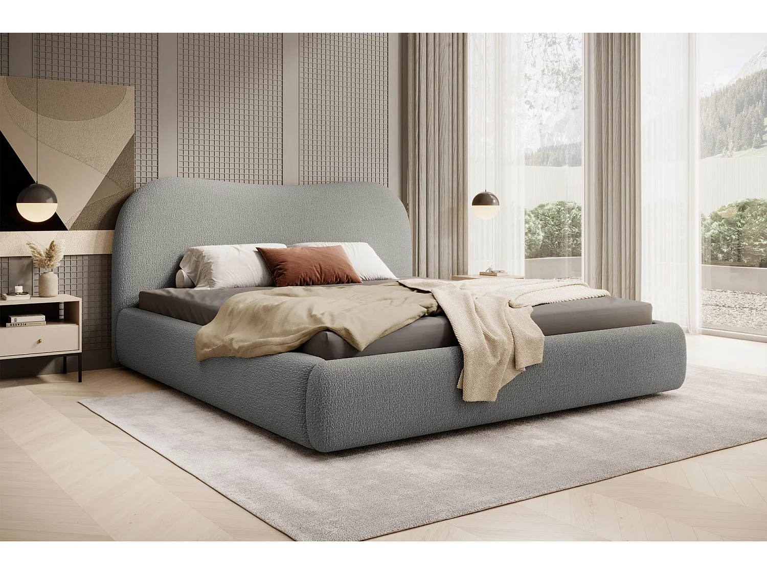 Lit coffre avec tête de lit - 140x200 cm - en bouclette gris foncé - SIMSALO