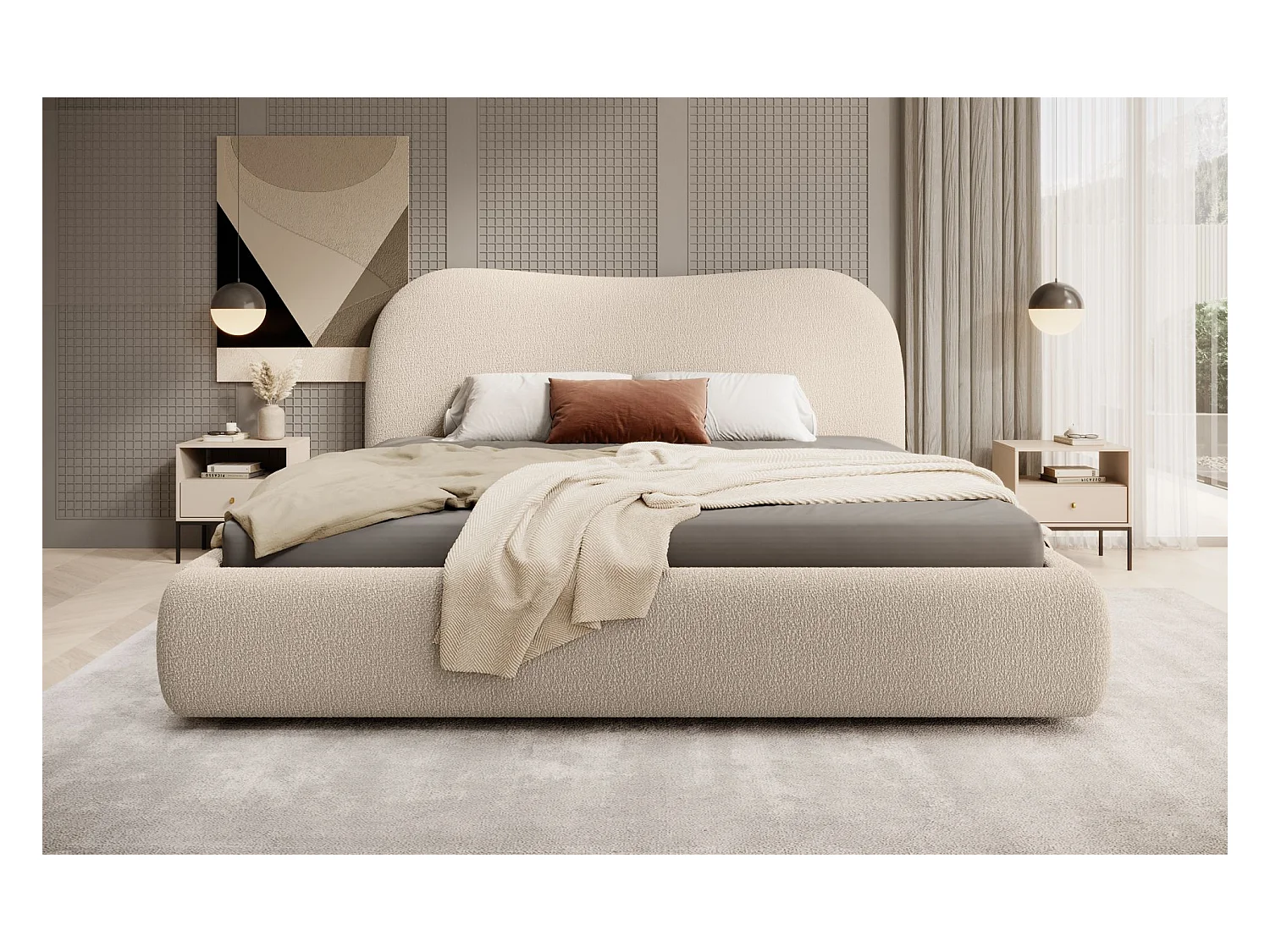 Lit coffre avec tête de lit - 140x200 cm - en bouclette beige - SIMSALO