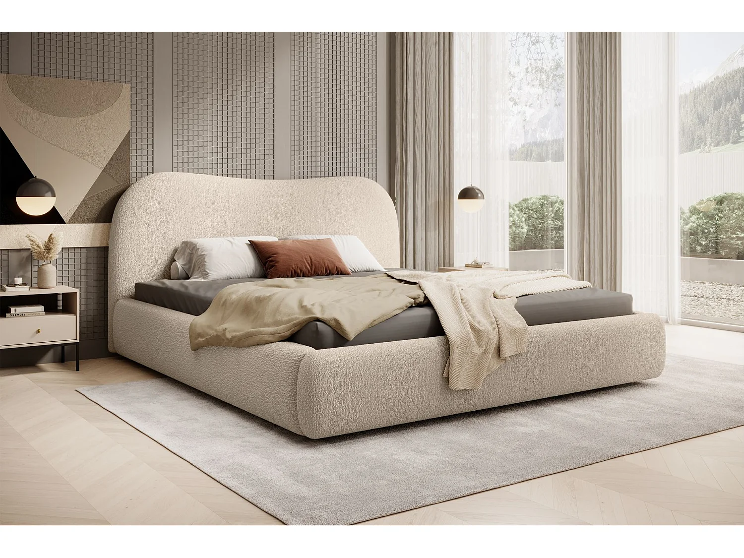 Lit coffre avec tête de lit - 140x200 cm - en bouclette beige - SIMSALO