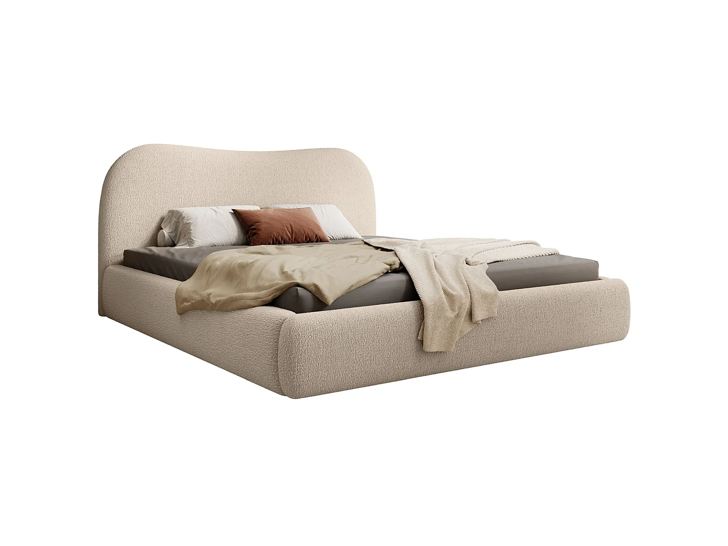 Lit coffre avec tête de lit - 140x200 cm - en bouclette beige - SIMSALO