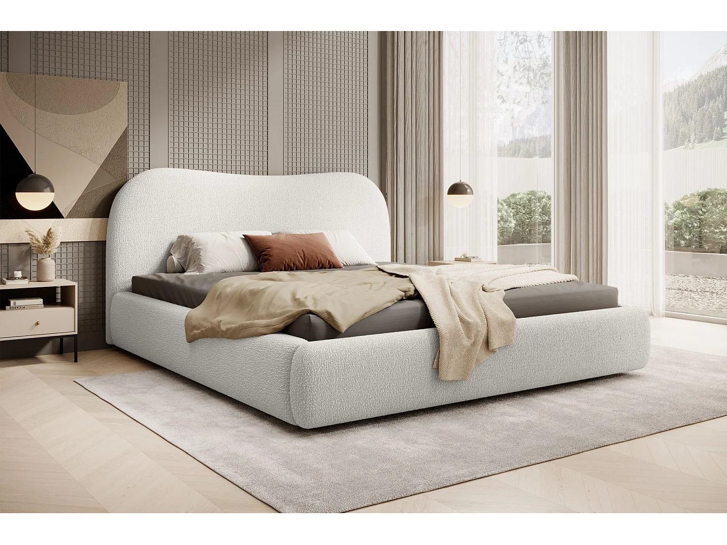 Lit coffre avec tête de lit - 140x200 cm - en bouclette crème - SIMSALO