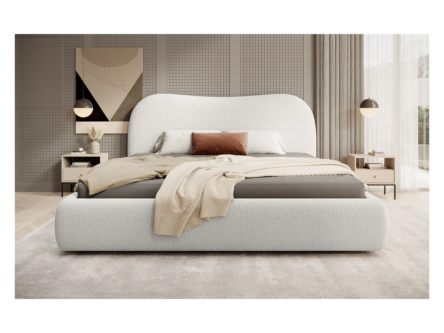 Lit coffre avec tête de lit - 140x200 cm - en bouclette crème - SIMSALO