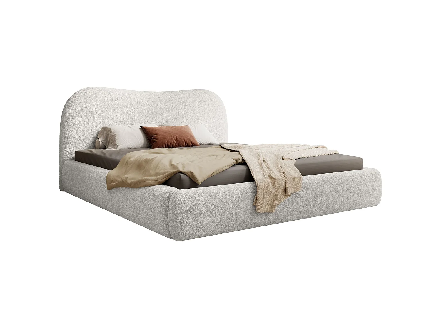 Lit coffre avec tête de lit - 140x200 cm - en bouclette crème - SIMSALO