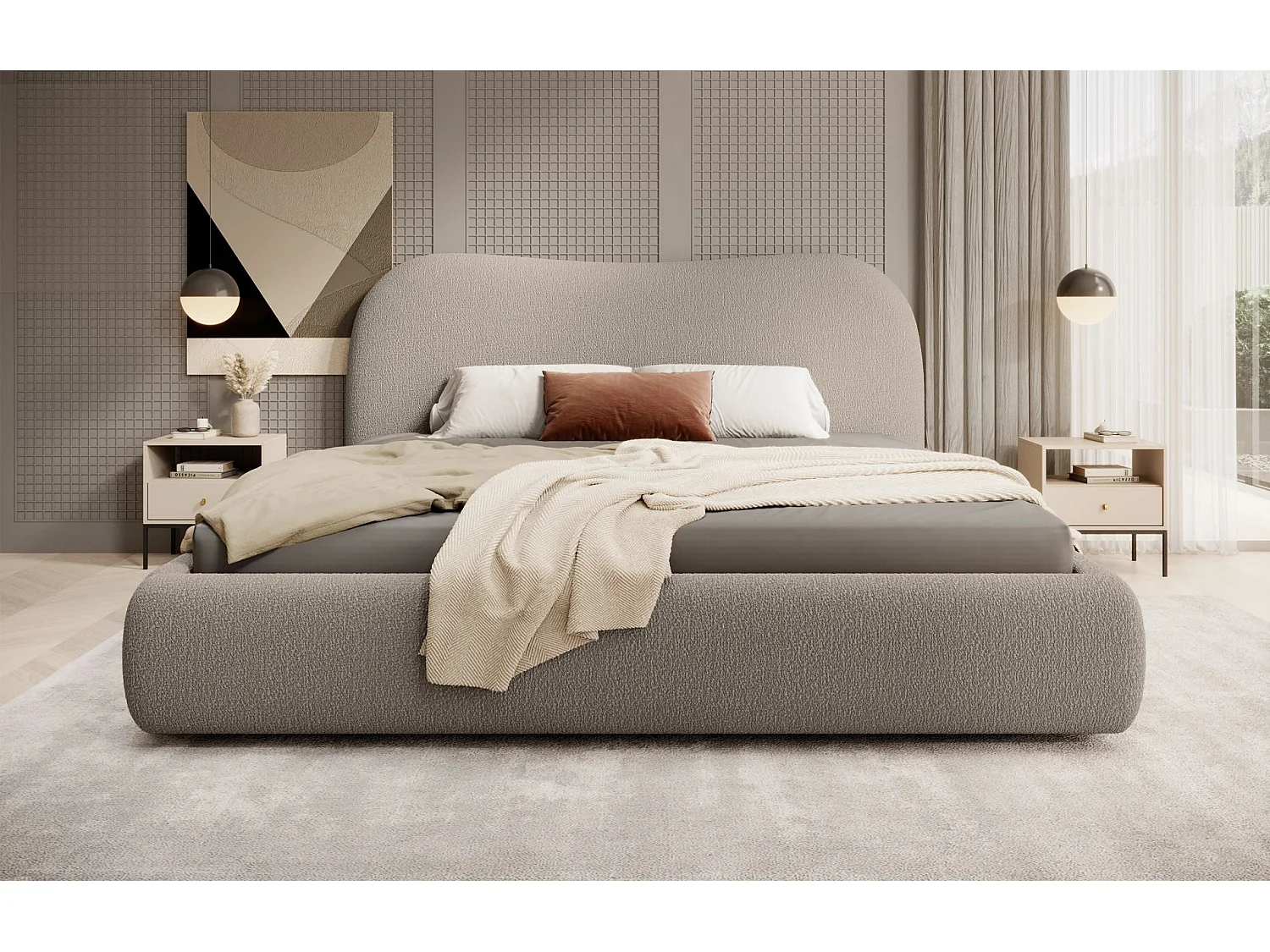 Opbergbed met hoofdeinde - 160x200 cm - in donkerbeige bouclé - SIMSALO