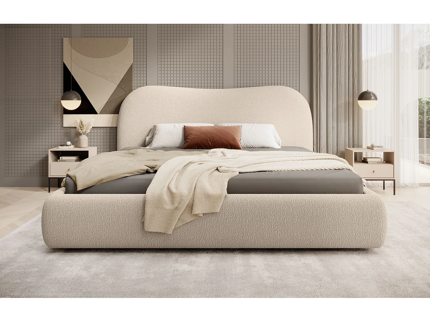 Opbergbed met hoofdeinde - 160x200 cm - in beige badstof - SIMSALO